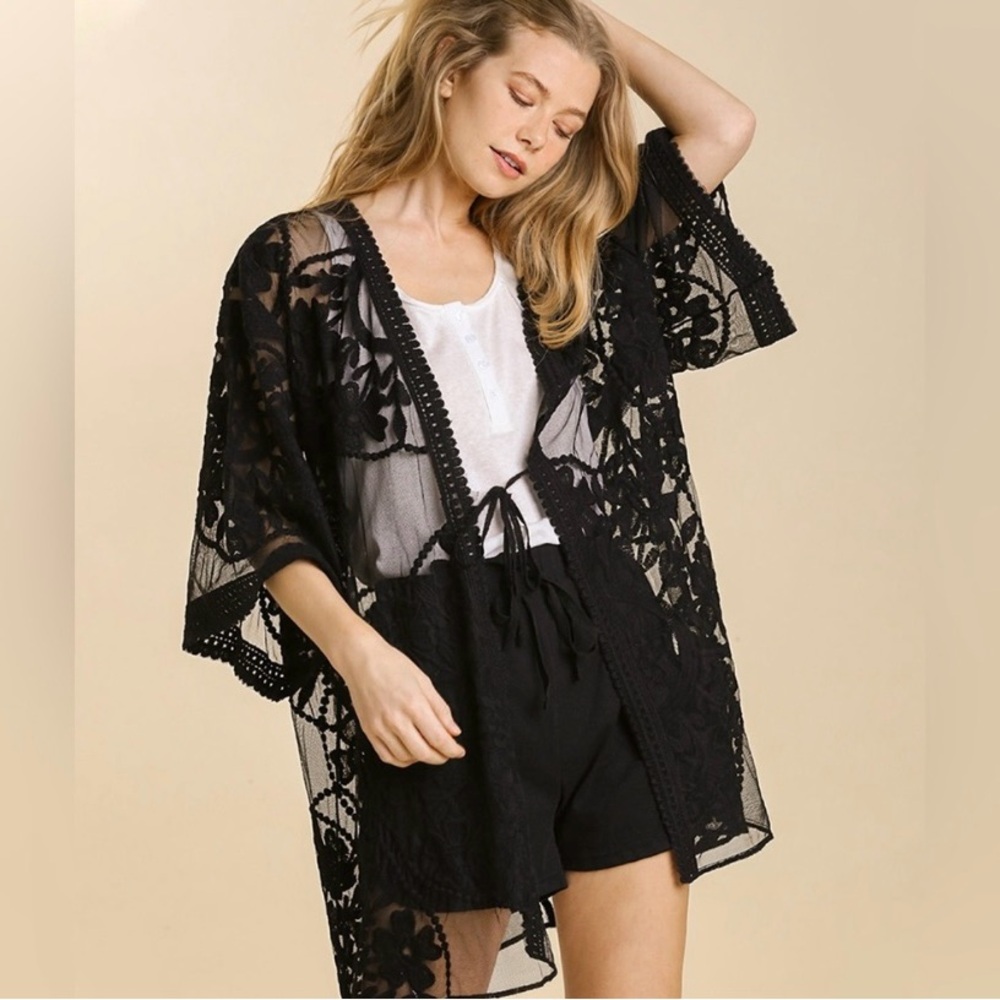 Umgee Boho Sheer Lace Kimono Cardigan, Flowers, Swim Cover-Up, Size Medium - Picture 2 of 13